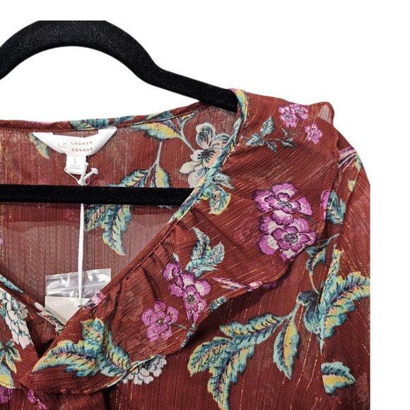 LC Lauren Conrad Ruffled Sheer Metallic Brown Lined Cami Top Blouse Set New - Picture 4 of 11